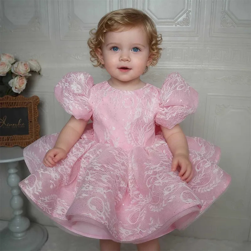 Toddler Girl Tulle Party Dress - Zarif Pembe Glitter Dantel Yürümeye Başlayan