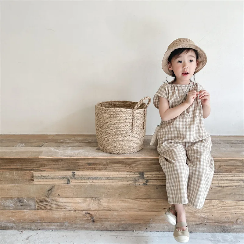 Baby Summer Linen Sleeveless Jumpsuit - Bebek Kız Ekose Tulum Çocuklar Kolsuz