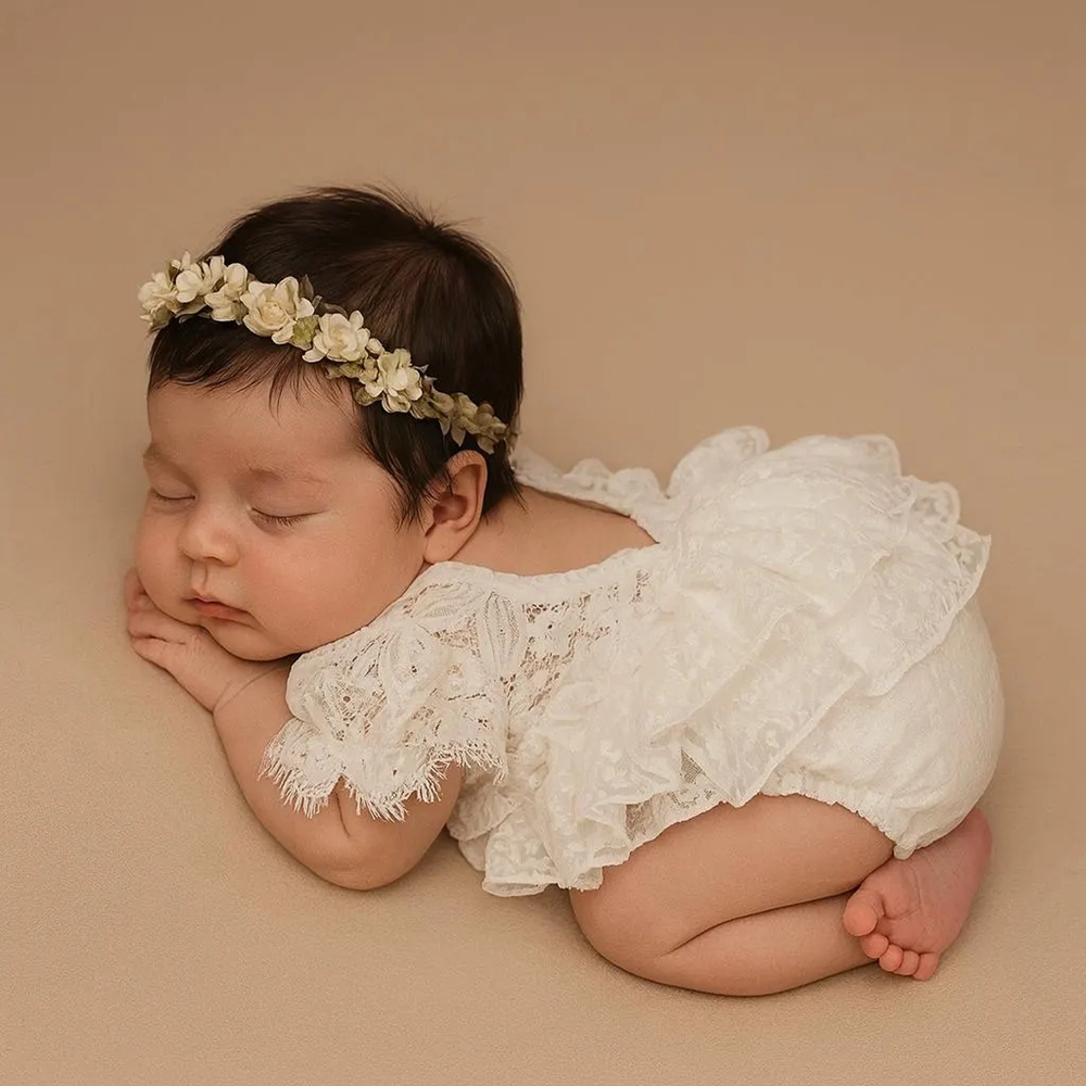 Newborn Baby Girl Romper Floral - Yenidoğan Fotoğrafçılığı Kıyafeti Kız Bebek Beyaz