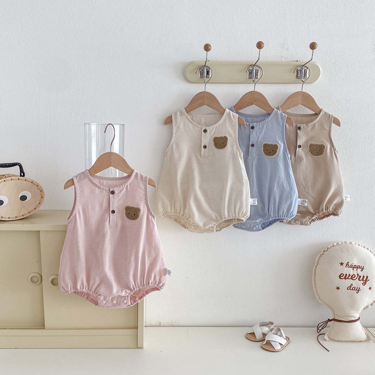 Baby Summer Linen Sleeveless Jumpsuit - Bebek Yazlık Ayı Desenli İnce Kolsuz