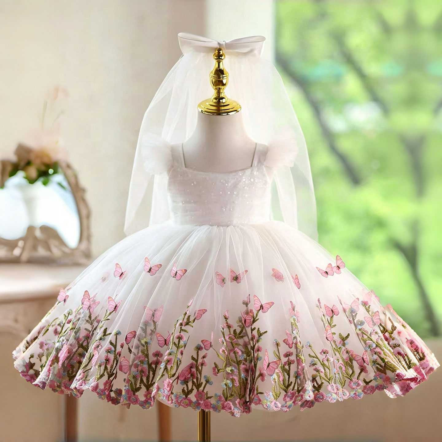 Toddler Girl Tulle Party Dress - Jill Wish D277 Beyaz Kelebek İşlemeli