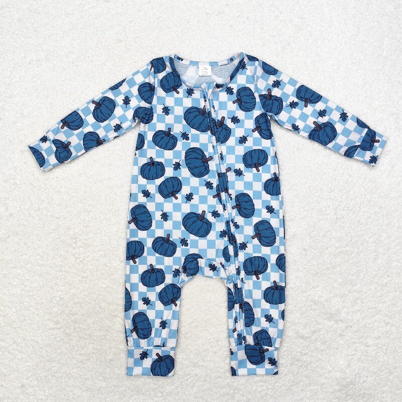 Cotton Baby Onesies Zipper - 8.21 Bambu Sineği Mavi Balkabağı Yaprağı