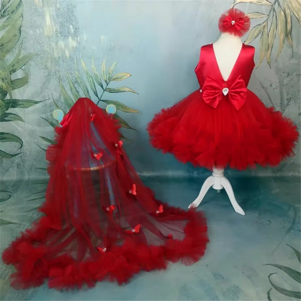 Özelleştirilmiş Kırmızı Çiçek  - Toddler Girl Tulle Party Dress incelemesi ve fiyatı